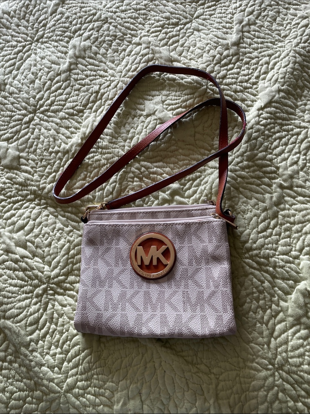Michael Kors Blush Crossbody Bag with Brown Strap and Gold MK Emblem